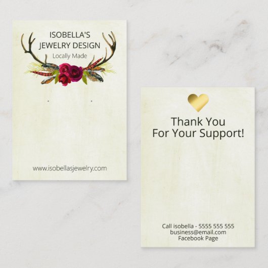 Boho Bloemgewei op Beige Verf Oorbel Display Visitekaartje (Voorkant / Achterkant)