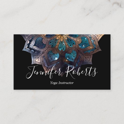 Boho Bloemig Blauw Goud Mandala Chic Zwart Visitekaartje (Voorkant)