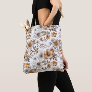 Boho bloemig grijs bruin neutrale kleur waterverf tote bag