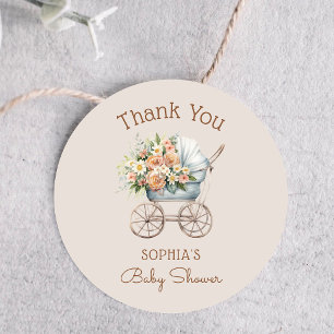 Boho bloemige babykoets babyshower bedankt ronde sticker