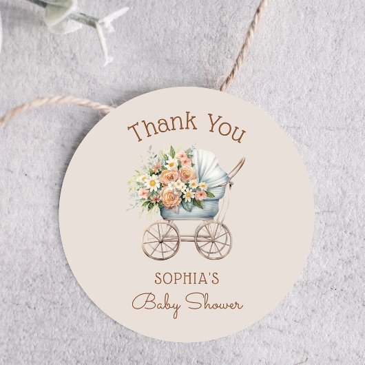 Boho bloemige babykoets babyshower bedankt ronde sticker