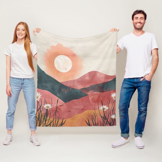 Boho Bloemige Berg Zonsondergang – Rustieke Natuur Fleece Deken (In situ)