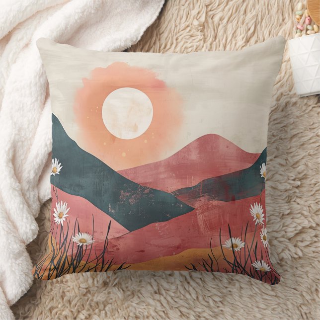 Boho Bloemige Bergzonsondergang – Rustieke Natuur Kussen (Deken)