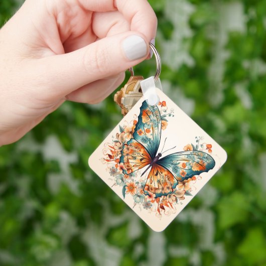 Boho Bloemige Bloesem Vlinder Weide Waterverf Sleutelhanger (Hand)