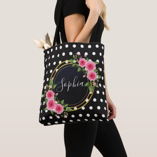Boho bloemige bruidsmeisje gepersonaliseerde zwart tote bag (Dichtbij)