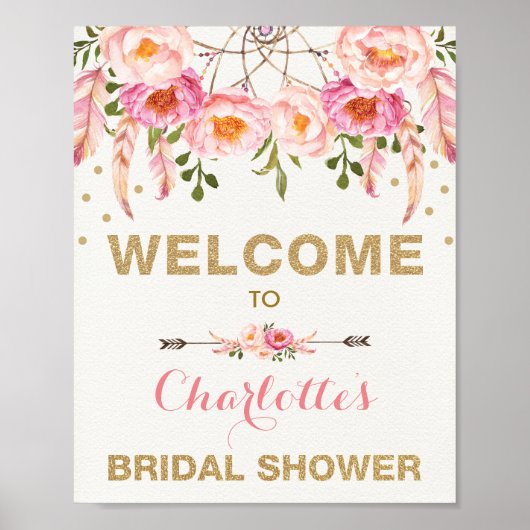 Boho Bloemige Bruiloft Borrel Roze Goud Droomvange Poster (Voorkant)