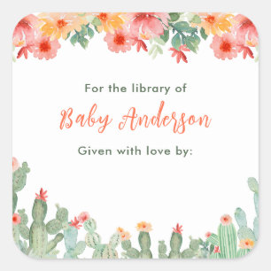 Boho Bloemige Cactus Baby Bibliotheek Ex-Libris Vierkante Sticker