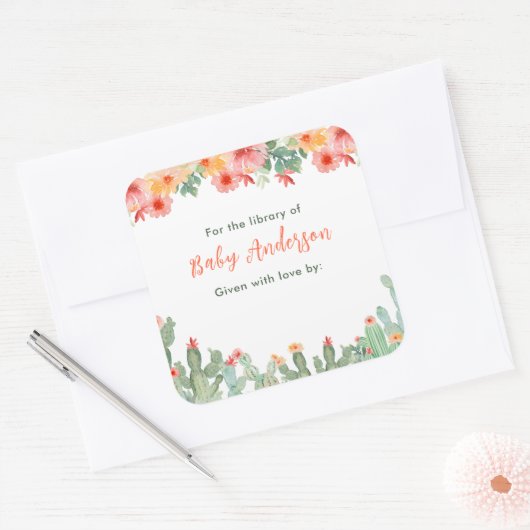 Boho Bloemige Cactus Baby Bibliotheek Ex-Libris Vierkante Sticker (Envelop)