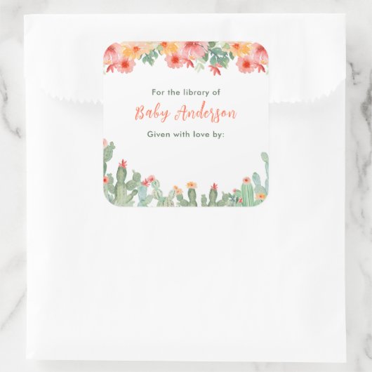 Boho Bloemige Cactus Baby Bibliotheek Ex-Libris Vierkante Sticker (Tas)