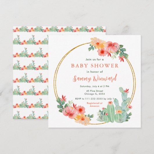 Boho Bloemige Cactus Baby Shower Kaart (Voorkant / Achterkant)