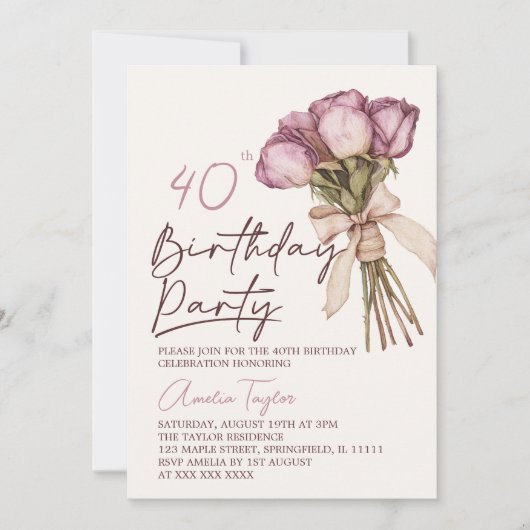 Boho Bloemige Elegante 40e Verjaardag Kaart (Voorkant)