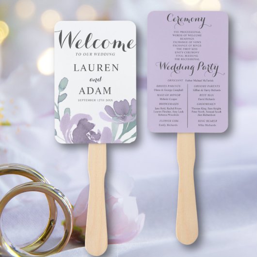 Boho bloemige eucalyptus paarse huwelijksprogramma handwaaier