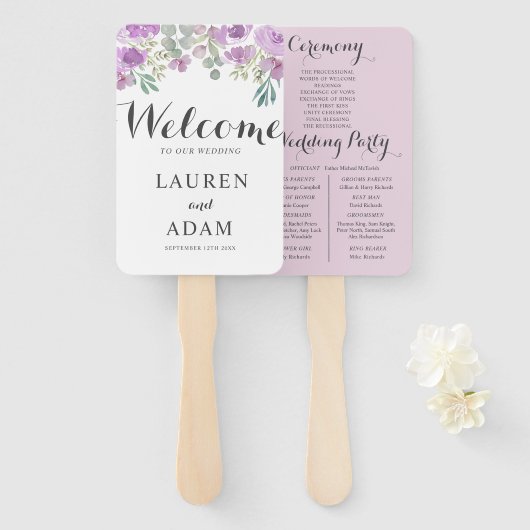 Boho bloemige eucalyptus roze trouwprogramma handwaaier (Voorkant en achterkant)