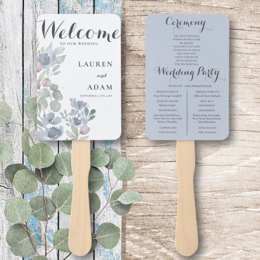 Boho bloemige eucalyptus stoffige blauwe trouwprog handwaaier