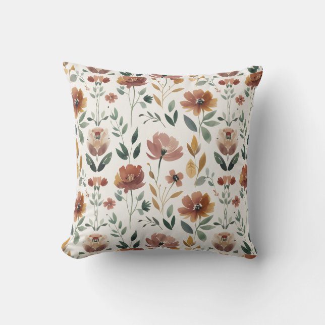 Boho Bloemige Geometrie – Aardse Wilde Bloem Patro Kussen (Voorkant)
