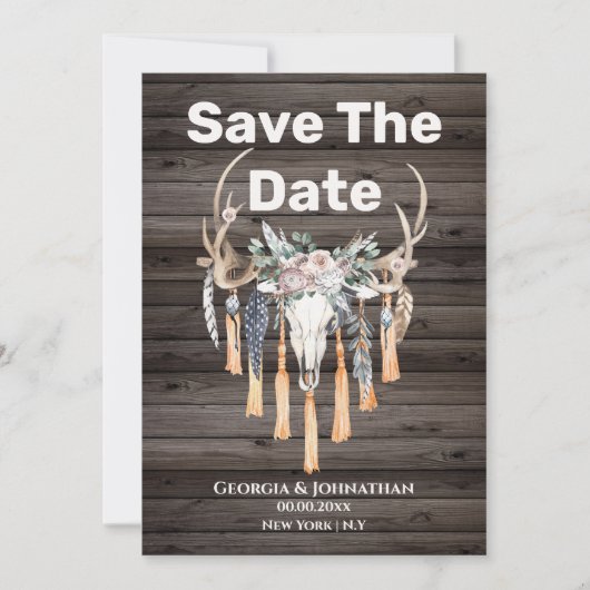 Boho bloemige geweiherten hertenschedel stamlandst save the date (Voorkant)