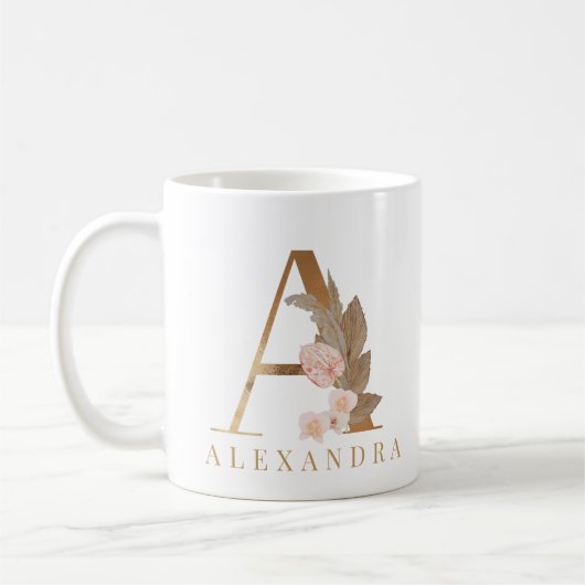 Boho bloemige gouden letter A monogram koffiemok (Links)