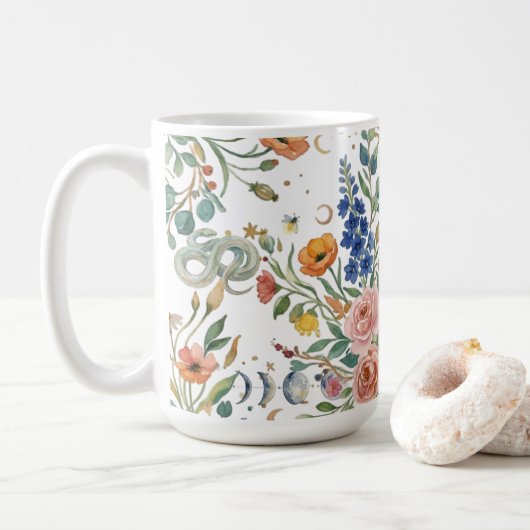 Boho Bloemige Hemelse Maan  & Slangen Botanisch Koffiemok (Met donut)