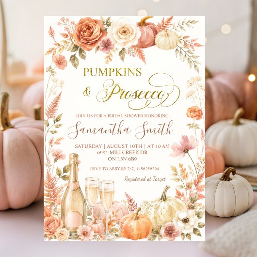 Boho bloemige herfst pompoen en Prosecco bruiloft Kaart