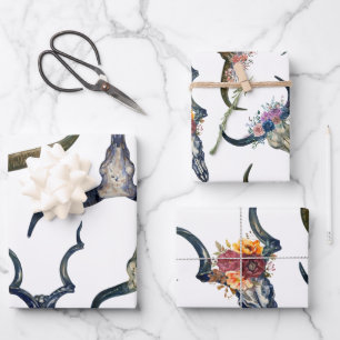 Boho Bloemige Hertengeweipatroon Inpakpapier Vel