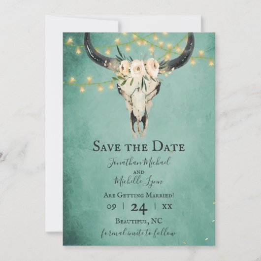 Boho bloemige koeien schedel en lichten turquoise  save the date (Voorkant)