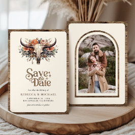 Boho bloemige koeien schedel westerse trouwfoto save the date