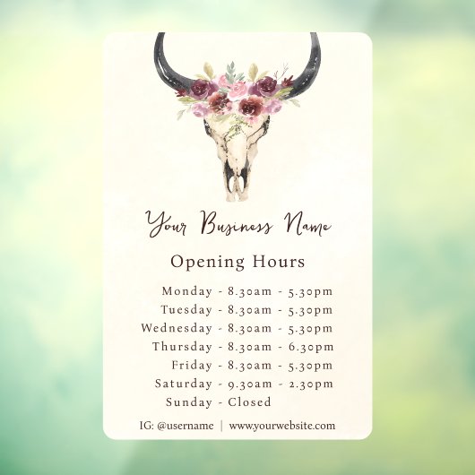 Boho Bloemige Koeien Schedel Zakelijke Winkeluren Raamsticker (Vel 3)