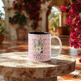 Boho bloemige letter W mok met gepersonaliseerde n