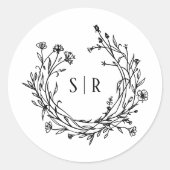 Boho Bloemige Monogram Huwelijkswedding Ronde Sticker (Voorkant)