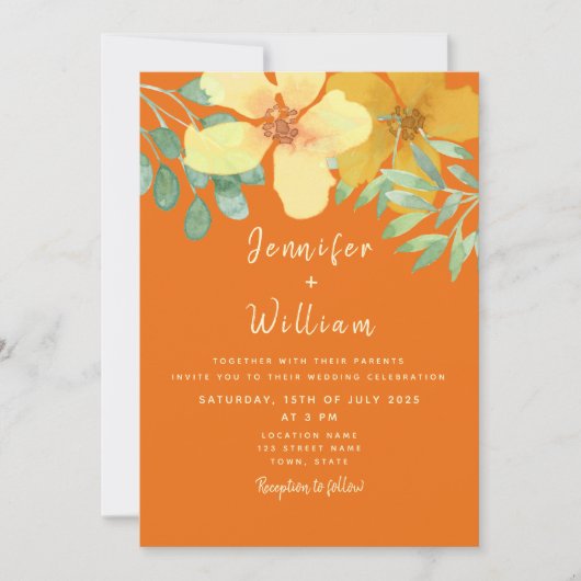 Boho Bloemige Oranje Bruiloft Kaart (Voorkant)