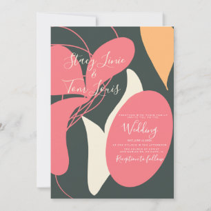 Boho Bloemige Organische Vormen Roze Oranje Trouwf Kaart