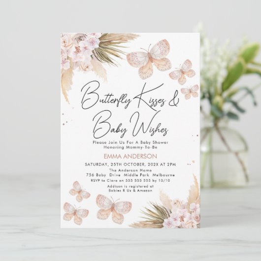 Boho Bloemige Pampas Vlinder Kusjes Baby Shower Kaart (Staand voorkant)