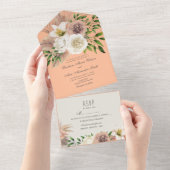 Boho Bloemige Perzik Fuzz Bruiloft All In One Uitnodiging (Afscheurbaar)