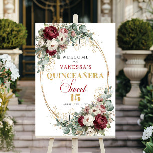 Boho bloemige Quinceanera welkomstbord bordeauxroo Poster
