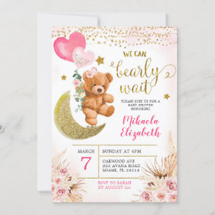 Boho bloemige roze Bearly Wait baby shower uitnodi Kaart