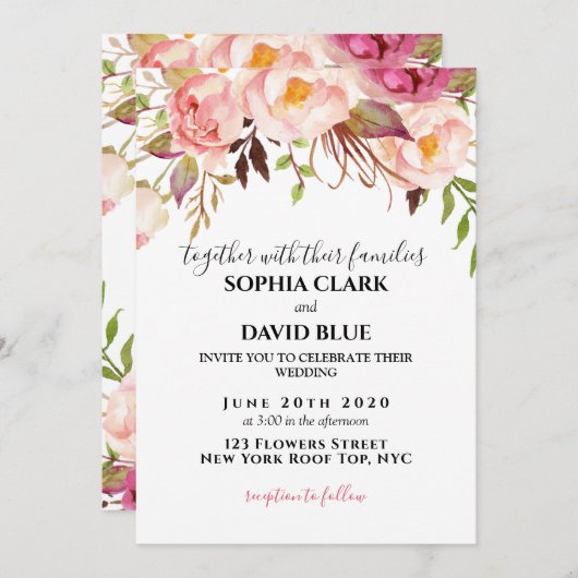 Boho bloemige roze rustieke rozen moderne trouwdag kaart (Voorkant / Achterkant)