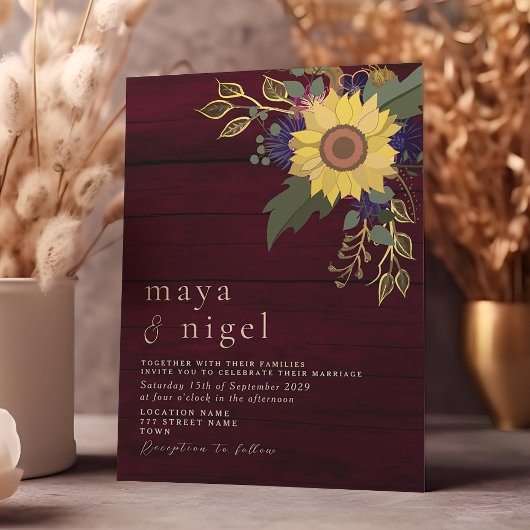 Boho Bloemige Rustieke Bourgondische Bruiloft Kaart