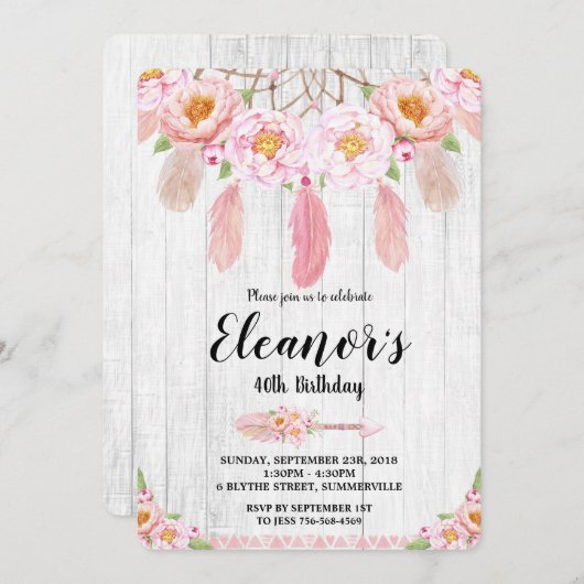 Boho Bloemige Rustieke Verjaardagsuitnodiging Kaart (Voorkant / Achterkant)