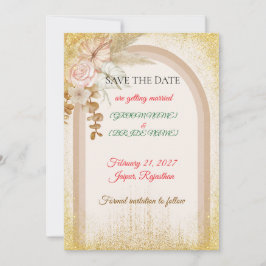 Boho bloemige Save the Date kaart met gouden vonke