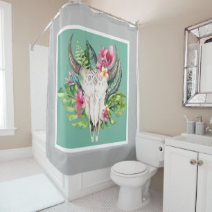 Boho Bloemige Schedel Teal & Chic Grijze Moderne G Douchegordijn