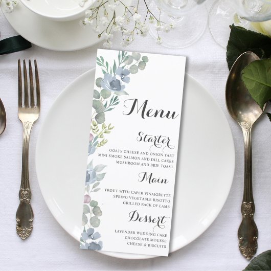 Boho Bloemige Stofblauwe Waterverf Bruiloftsmenu Menu