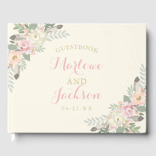 Boho Bloemige Veer Ivoor Trouw Monogram Gastenboek
