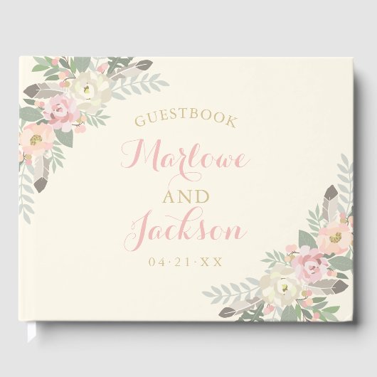 Boho Bloemige Veer Ivoor Trouw Monogram Gastenboek (Voorkant)