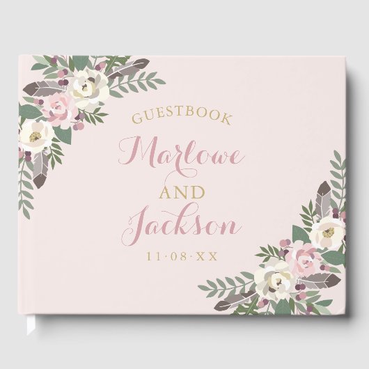 Boho Bloemige Veer Roze Trouw Monogram Gastenboek (Voorkant)