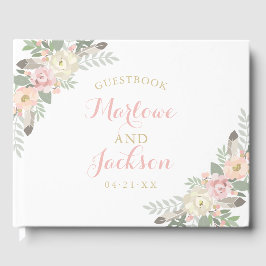 Boho Bloemige Veer Witte Trouw Monogram Gastenboek