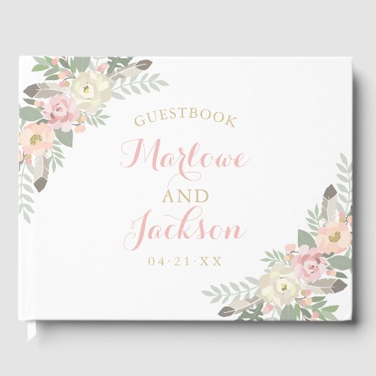Boho Bloemige Veer Witte Trouw Monogram Gastenboek (Voorkant)