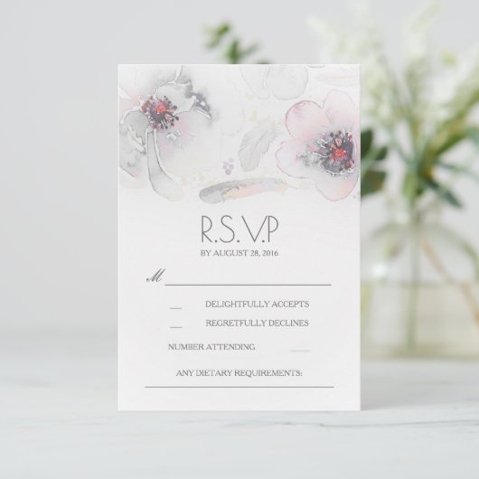 Boho bloemige veren waterverf grijs RSVP kaart (Staand voorkant)