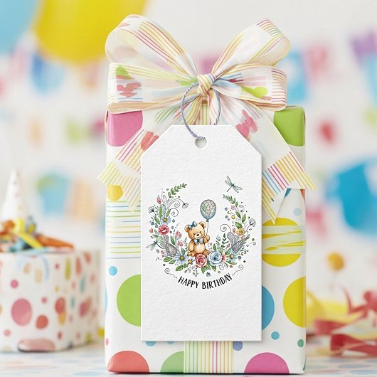 Boho bloemige verjaardagsbeer cadeaulabel