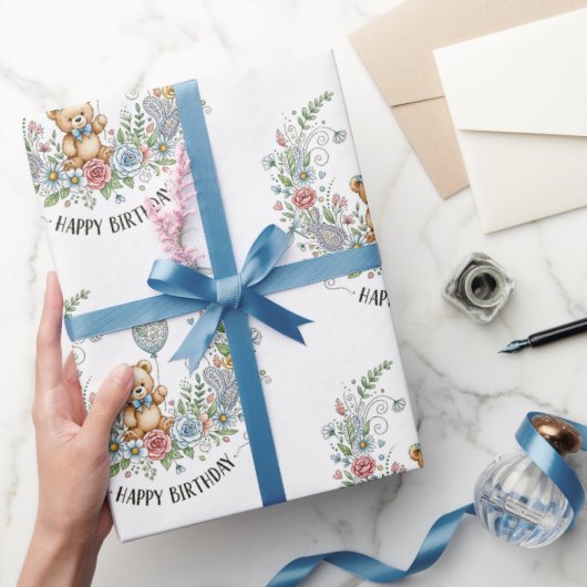 Boho bloemige verjaardagsbeer cadeaupapier (Geschenken)