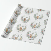 Boho bloemige verjaardagsbeer cadeaupapier (Uitgerold)